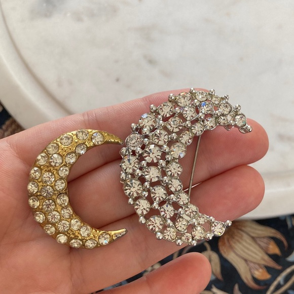 Vintage Jewelry - Vintage Crescent Moon Rhinestone Brooches